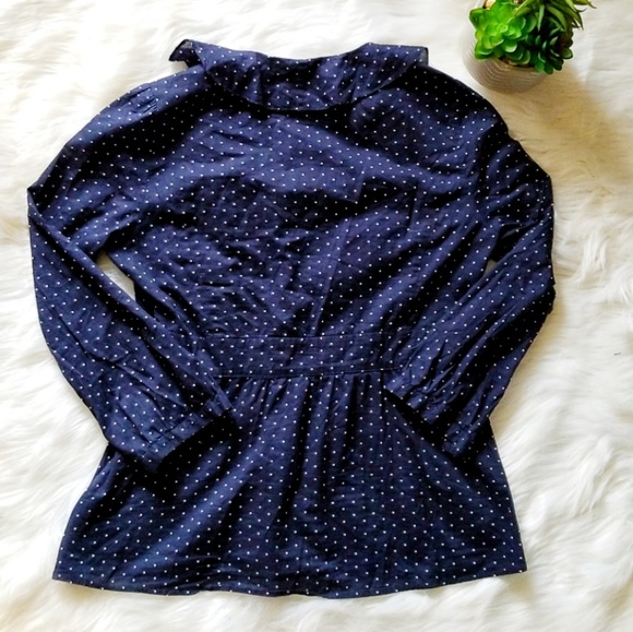J. Crew Navy Blue Ruffle Polka Dot Cotton Blouse - Picture 4 of 8
